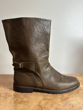 Rover Italian Leather Engineer Moto Boots Brown Shearling Lined Mid-Calf 10.5/11